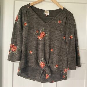 Anthropologie fig & flower Top Embroidered Floral PM 3/4 Sleeve Tie Waist